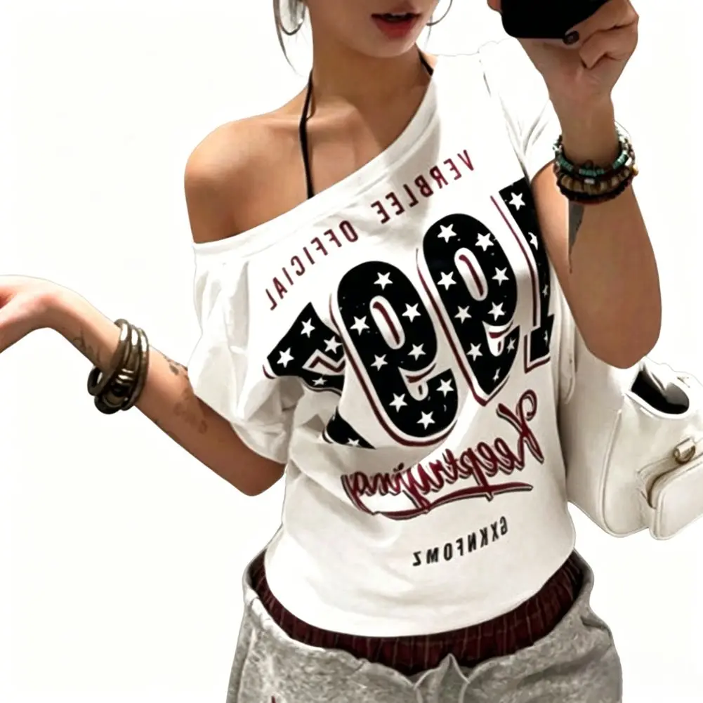 Star Print Off Shoulder Short Sleeve T Shirt Women Retro V Neck Summer Beach Vacation Holiday Yoga Tops Female Fashion Clothing