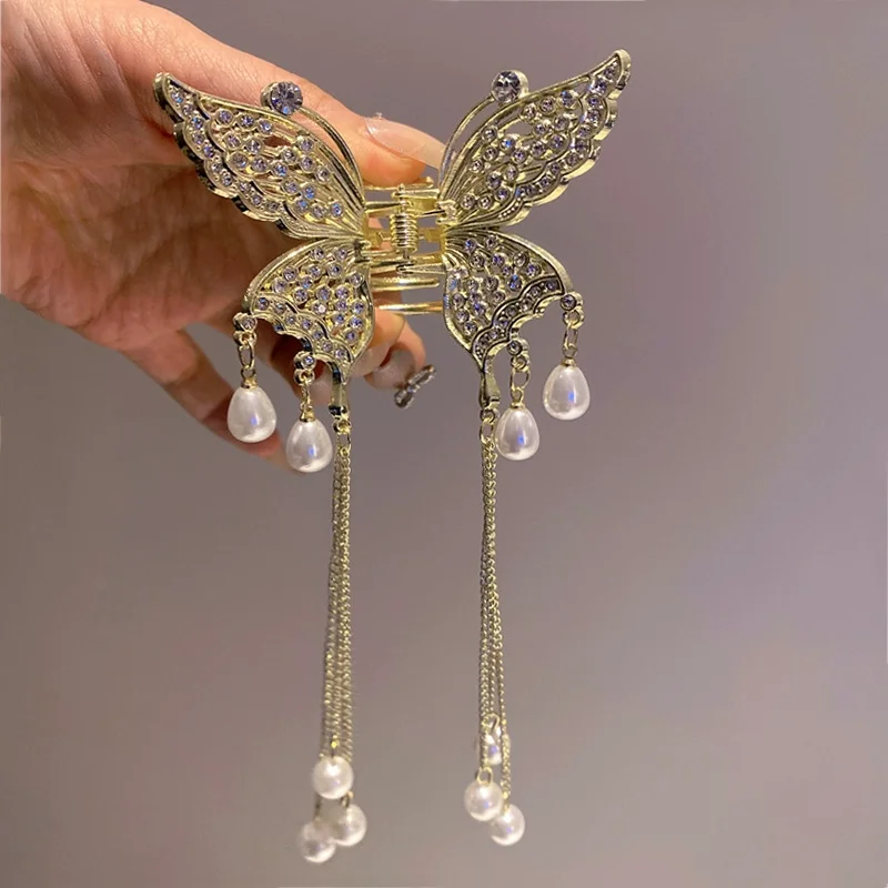 

2025 New Hair Accessories for Women Butterfly Pearls Rhinestone Tassel Hair Claw Girls Ladies Spring Summer Hair Clip Headwear