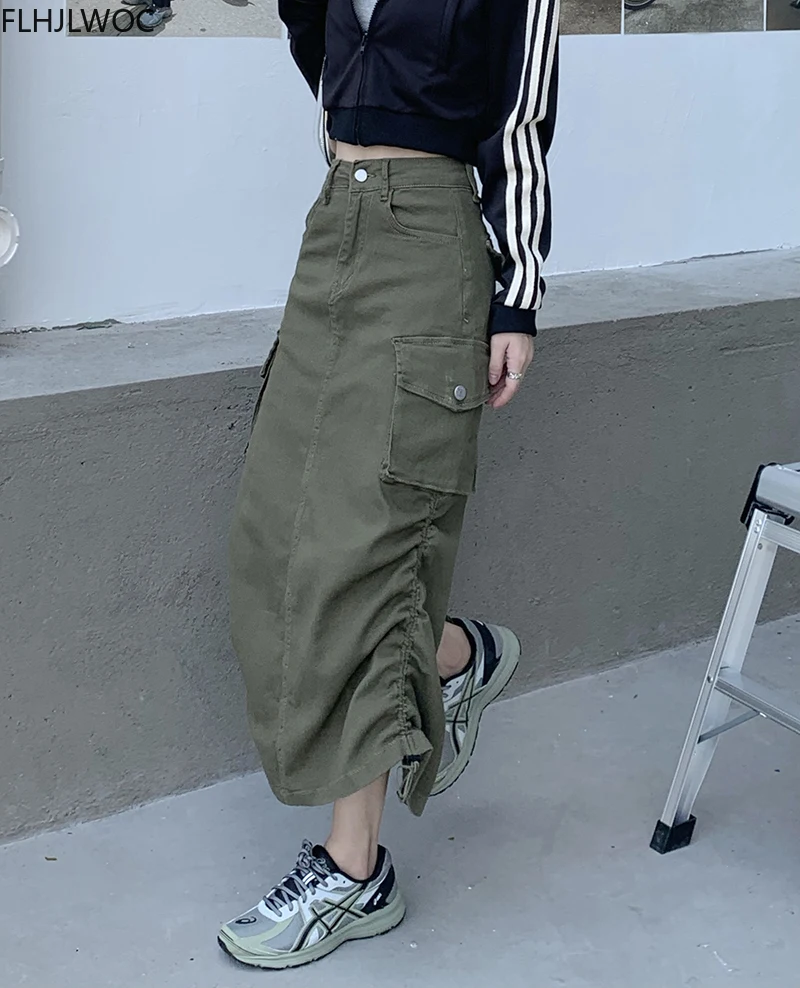 Long Maxi Denim Skirts New Design Autumn Women Fashion European Style Army Green Hight Waist Shirring Vintage Skirt