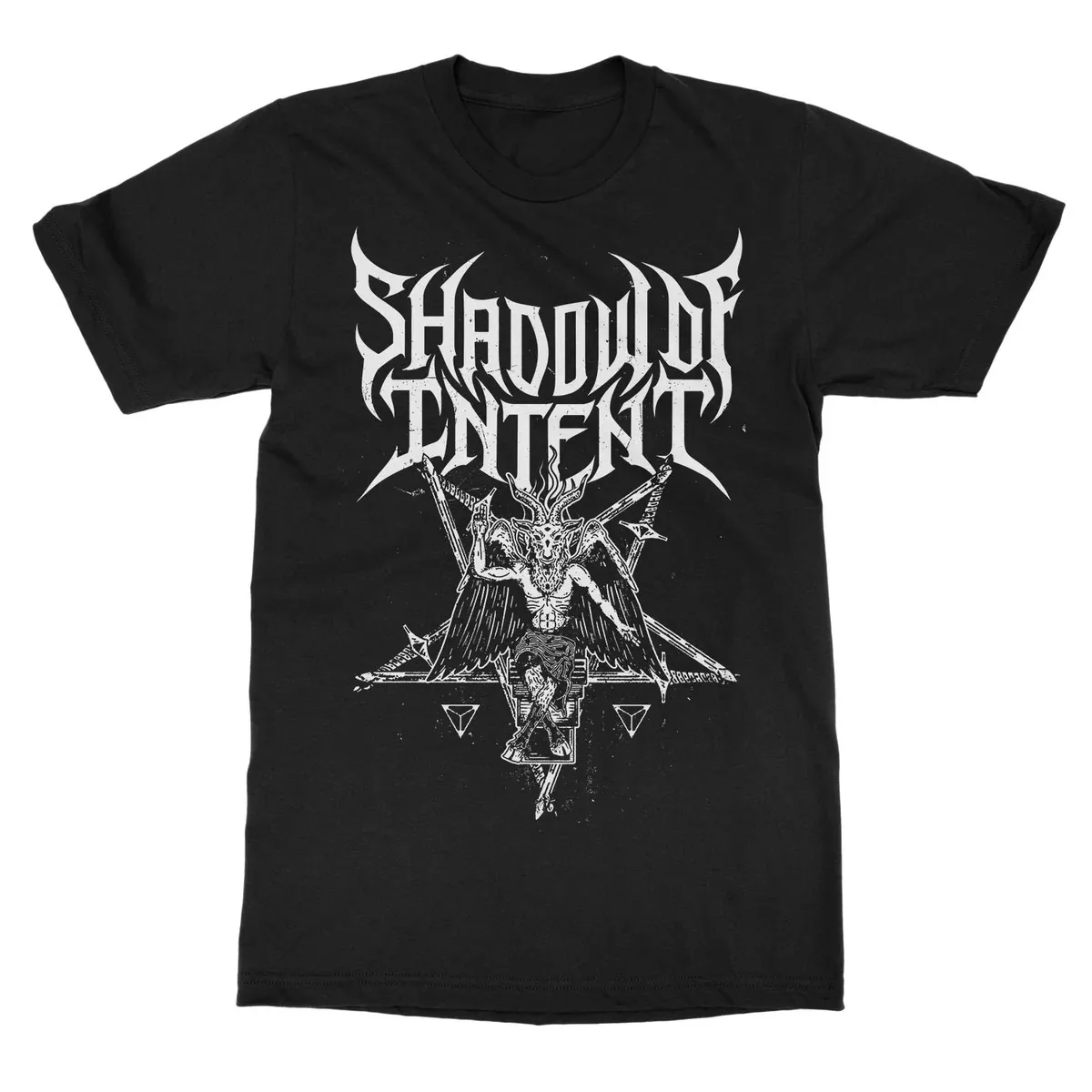 Shadow of Intent Horned Wing Demon Pentagram Artwork Print T‑Shirt, Adopts Grainy Worn White‑ink Graphic Effect