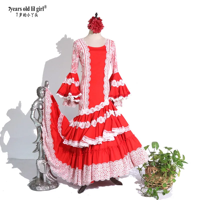 Vestido de Danza Flamenca Española Marca Red White, Disfraz de Danza del Vientre