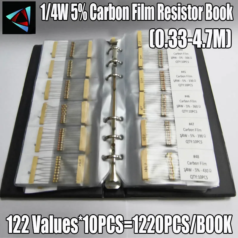 

1/4W 5% 0.33R~4.7M Carbon Film 122valuesX10pcs=1220pcs Assorted Resistor Kit Pack Sample Book