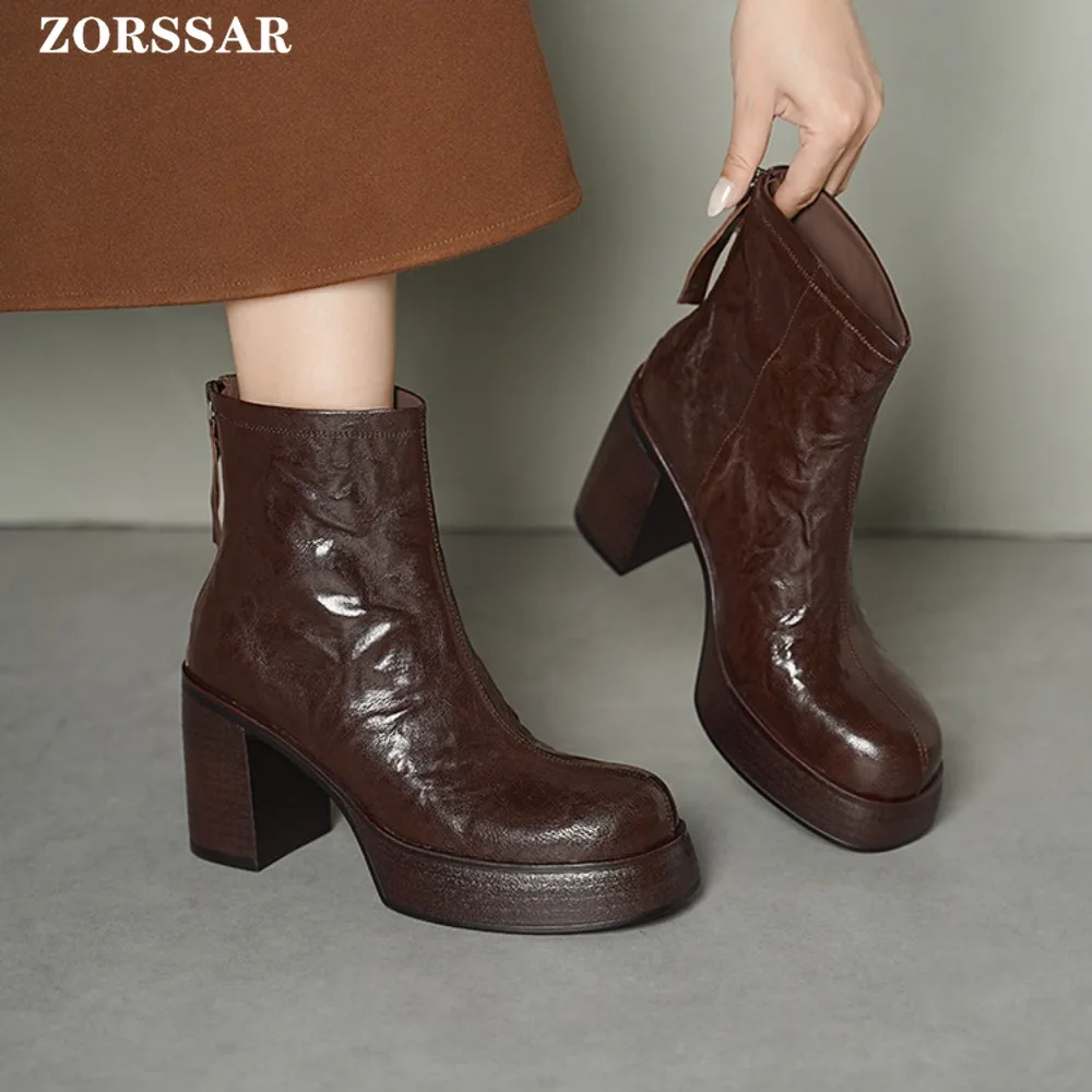 

Retro Style Women Ankle Boots Fashion Platform Shoes 2025 Autumn Winter Square Heel Back Zipper Female Chelsea Short Booties