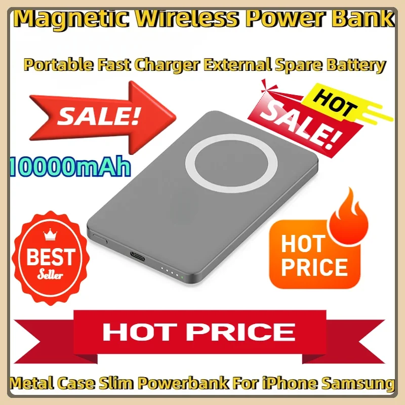 

For IPhone Samsung Magnetic Wireless Power Bank 10000mAh Portable Fast Charger External Spare Battery Metal Case Slim Powerbank