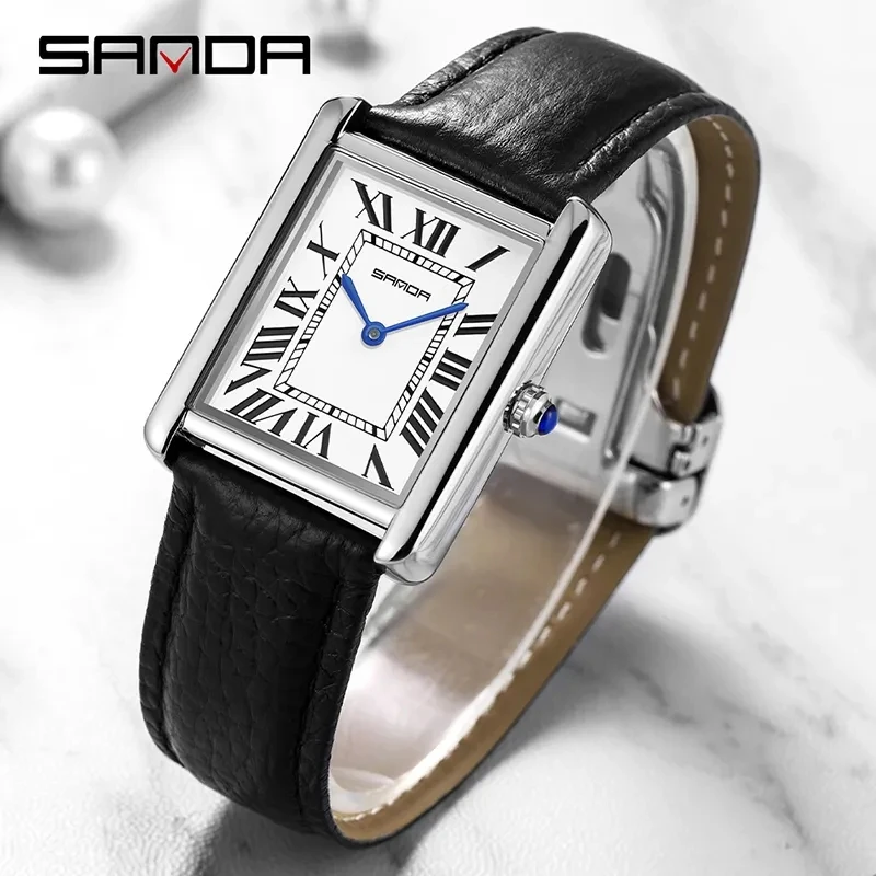 Imagem -03 - Sanda-relógios de Pulso Masculinos e Femininos Marca de Luxo Impermeável Quartzo com Pulseira de Couro Quadrado Novo 1108 9031