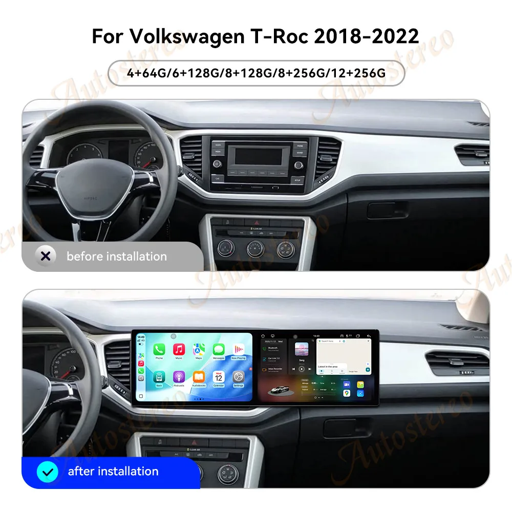 Dual Screen 10.1inch For Volkswagen T-Roc 2018-2022 Car GPS Android 15 Navigation  Multimedia Player Car Radio Auto Head Unit A
