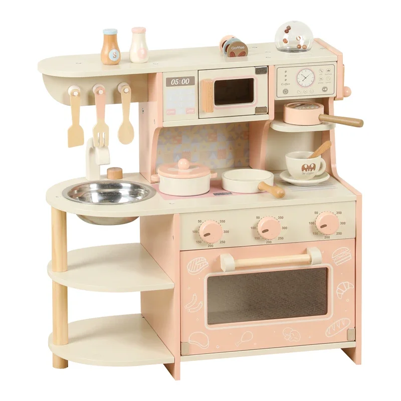 new wooden play house toy pink coffee machine stove children's education parent child interactive kitchen cooking toys