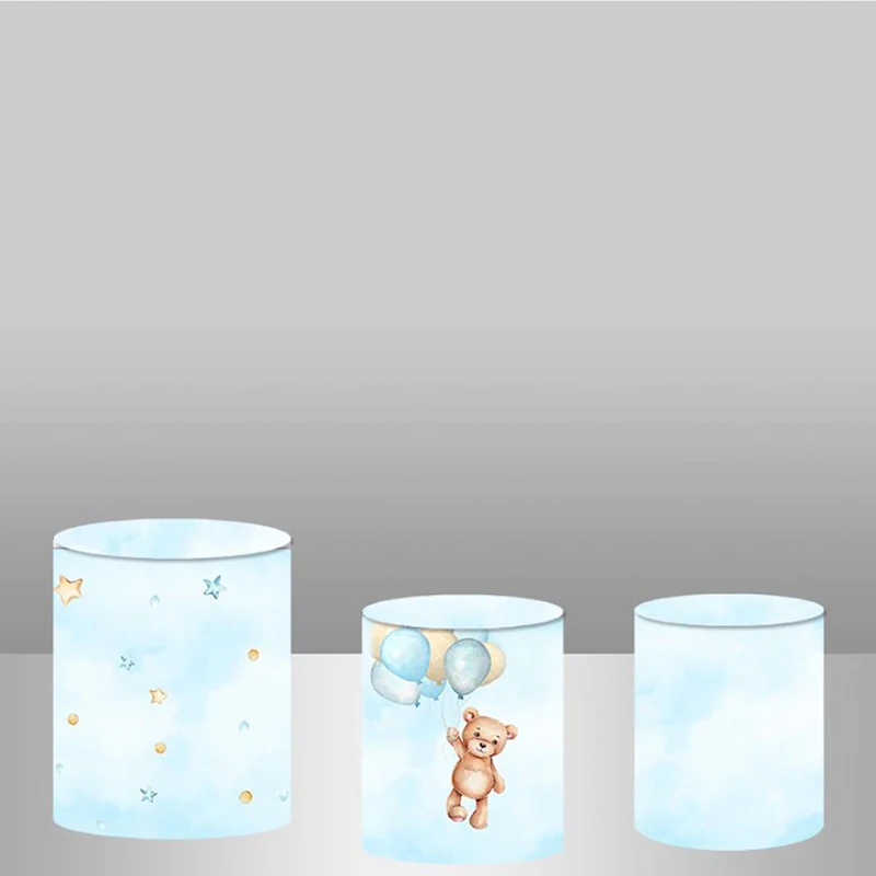 الدب استحمام الطفل غطاء خلفية مستديرة تخصيص الوليد الاطفال حفلة عيد ميلاد ديكور بالونات الهواء الساخن خلفية الأزرق Plinth غطاء