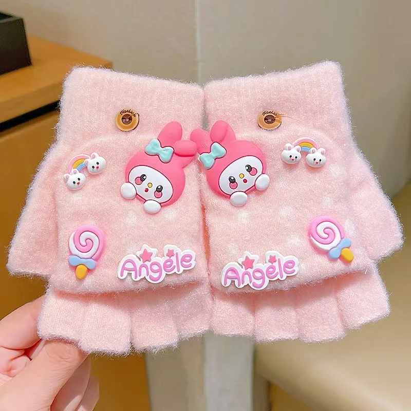

Hot Sanrio Cartoon Cute Kuromi My Melody Cinnamoroll Flip-top Fingerless Gloves Winter Gloves Girls Birthday Present