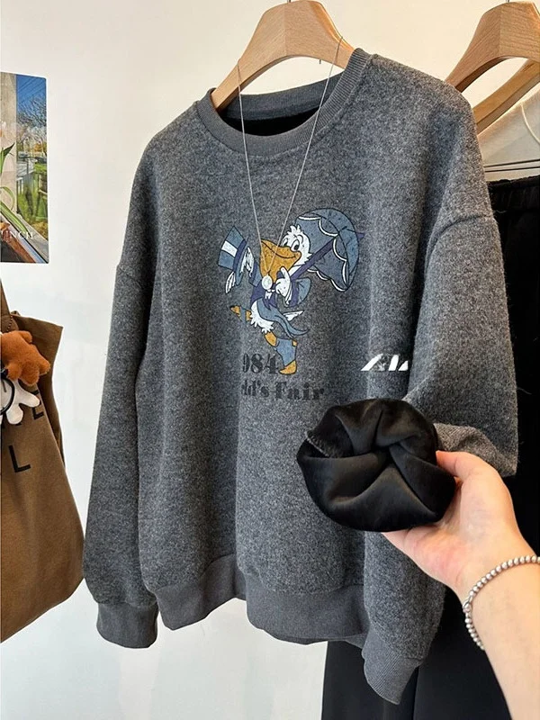 

Женская круглая толстовка с капюшоном на подкладке больших размеров, теплая бархатная толстовка с принтом Du для женщин больших размеров, осень...