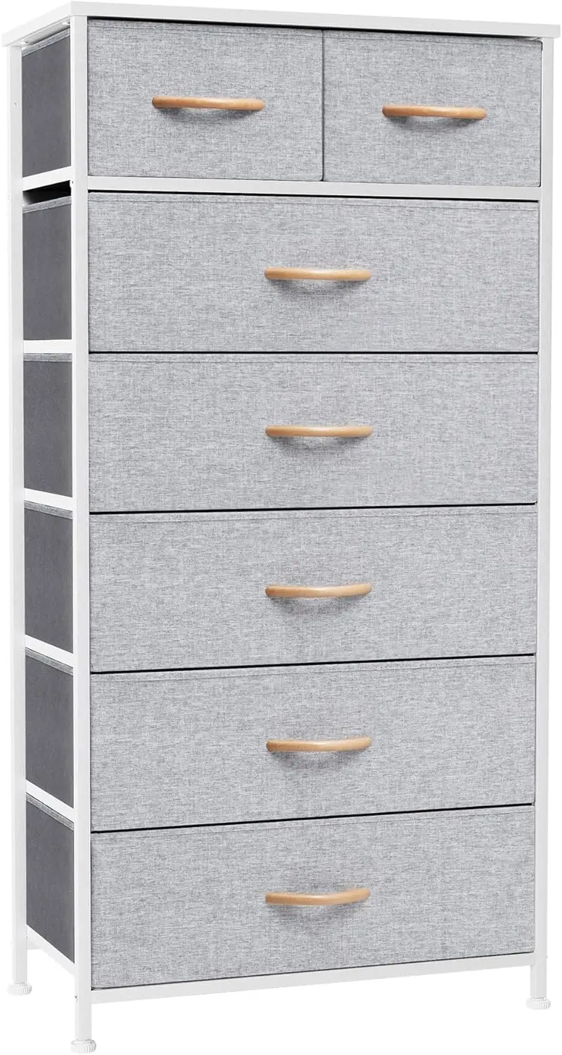 

Vertical Dresser Storage Tower - Sturdy Steel Frame, Wood Top, Easy Pull Fabric Bins, Wood Handles - Organizer Unit for Bedro