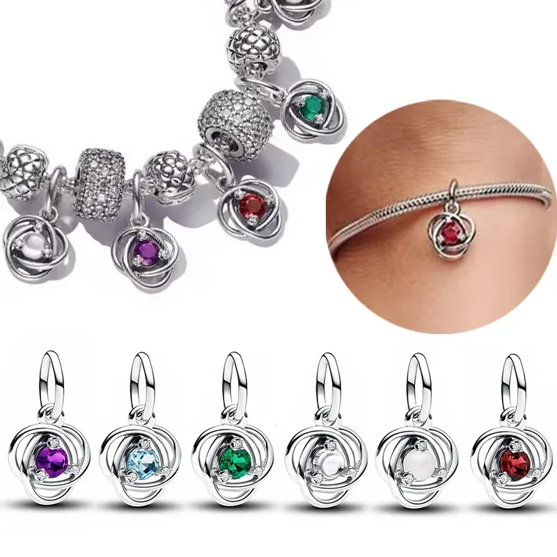 Sterling Silver 925 Colorful Birthstone Eternity Circle Charms Fit Original Bracelet 6 Colors Beads DIY Fine Jewelry for Women