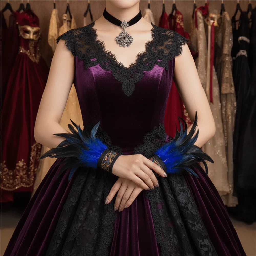 1 Piar Gothic Halloween Carnival Feather Wrist Cuff Adjustable Straps Embroidered Band Fluffy Feather Gloves Cuff Unisex