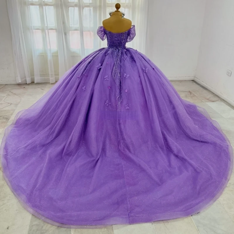 라벤더 샤이니 킨세아녜라 드레스 볼 가운 오프숄더 비딩 크리스탈 보우 튤 코르셋 파티 생일 스위트 16 드레스 베스트