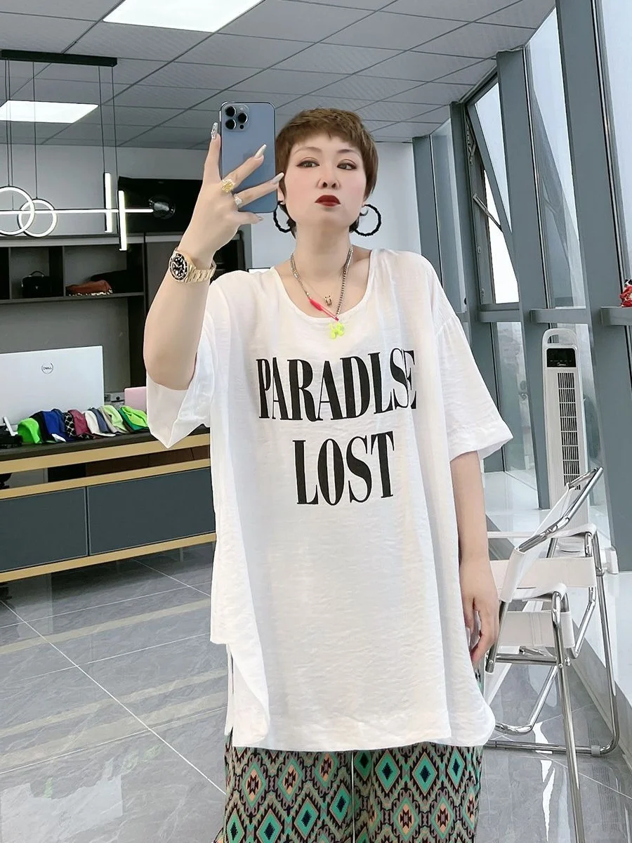 

plus Size 300 Pounds Korean Style Asymmetric Long Sleeve T-Shirt Letter Print Summer Women's plus Size Clothing Casual Wear
