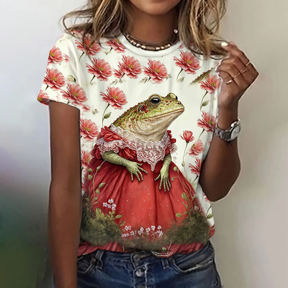 

Frog Princess Print T Shirt Women Round Neck Fashion Casual Loose TShirt Summer Oversized Short Sleeve Tee Top Female Clothing