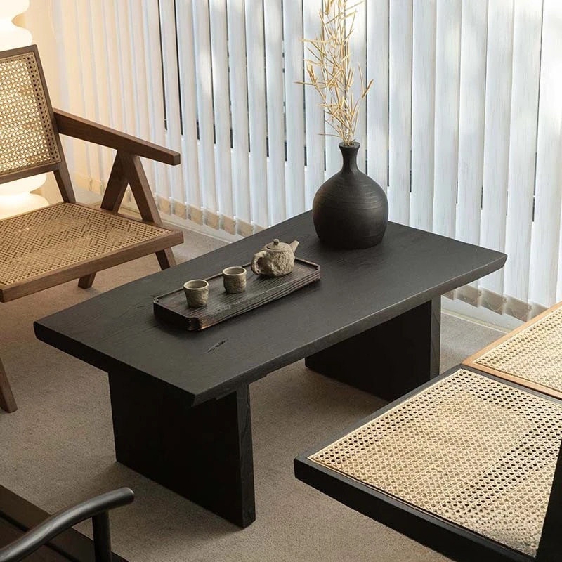 wabi-sabi wind, carbonized black, solid wood coffee table, balcony bay window, homestay leisure meeting table