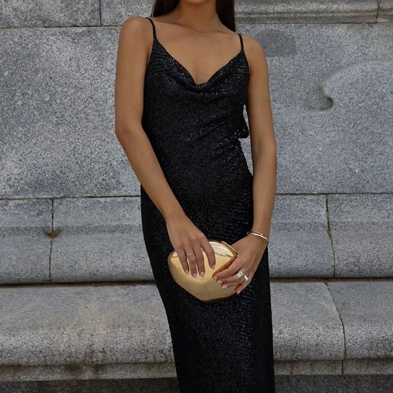 

Роскошное вечернее платье без рукавов с открытой спиной, однотонное, простое, для вечеринок, макси, с пайетками, V-образным вырезом, с вырезами, на бретельках, для торжественных мероприятий