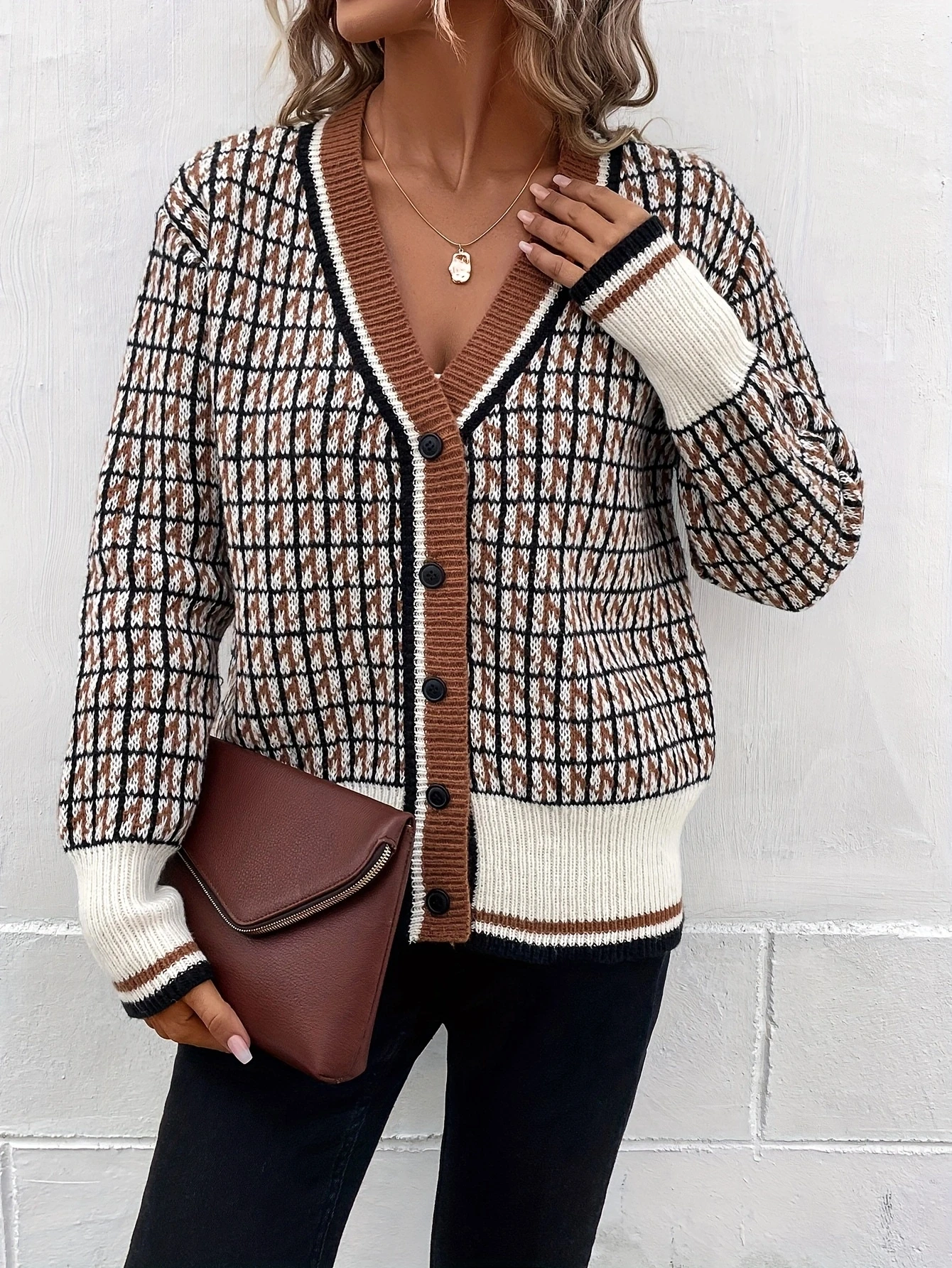 Plaid Pattern Button Knit Cardigan Vintage V Neck Long Sleeve Sweater  Women\'s Clothing