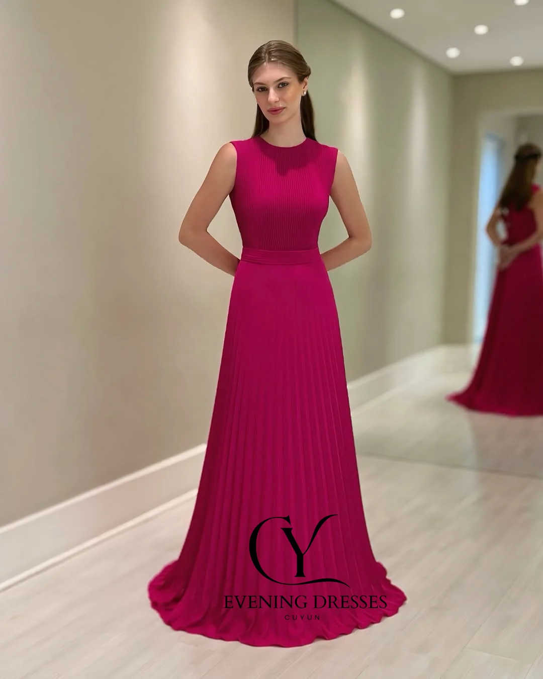 ชุดราตรี CUYUN สีชมพูสดใส คอทรงโอ แขนกุด จับจีบ ทรงเอไลน์  ชุดออกงานหรูหราสง่างาม  ชุดเดรสสำหรับงานวันเกิดผู้หญิง ปี 2025  รับตัดตามสั่ง