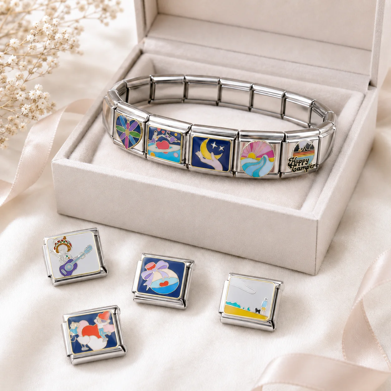 Trusta 2026 New Fashion Colorful Sunflower Scenery  Beautiful Italian Charms Bracelet Stainless Steel DIY Women Jewelry N463
