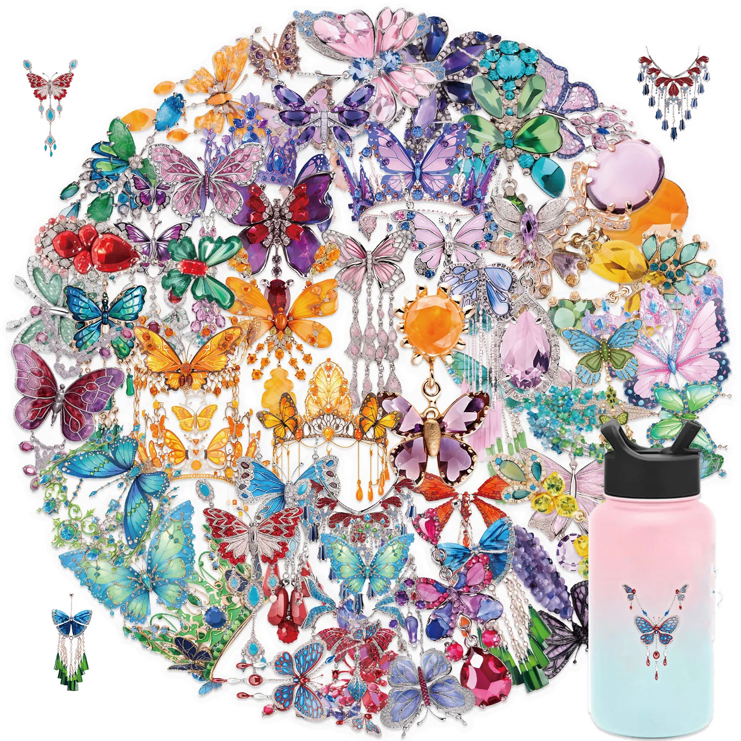 50pcs Butterfly Jewelry PET Stickers for Scrapbook, Laptop, Water Bottles, Phone, Car Decals Transparent Back to School