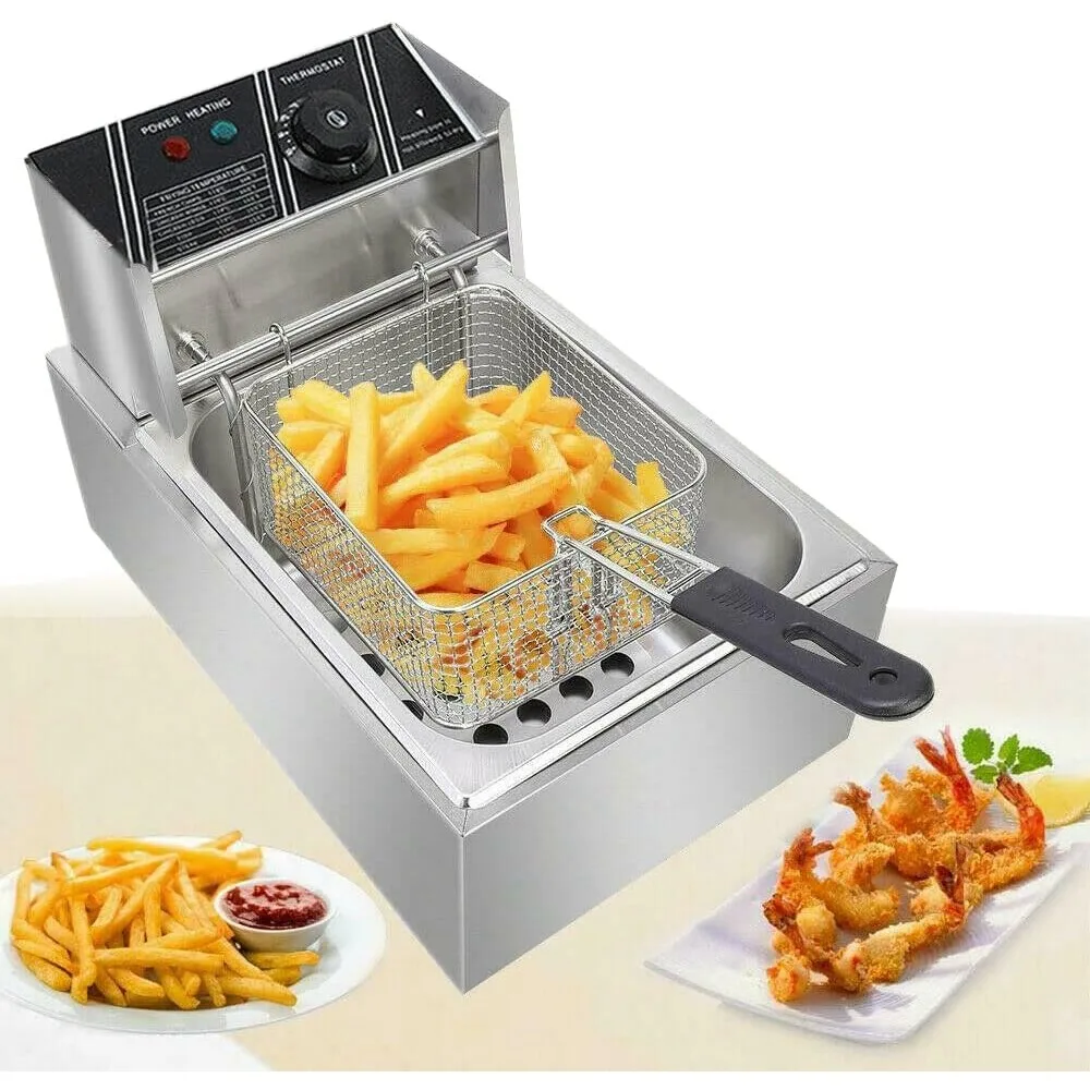 6L Electric Deep Fryer with Baskets 1700W, Countertop Commercial Deep Fryer with Drain for Home Restaurant