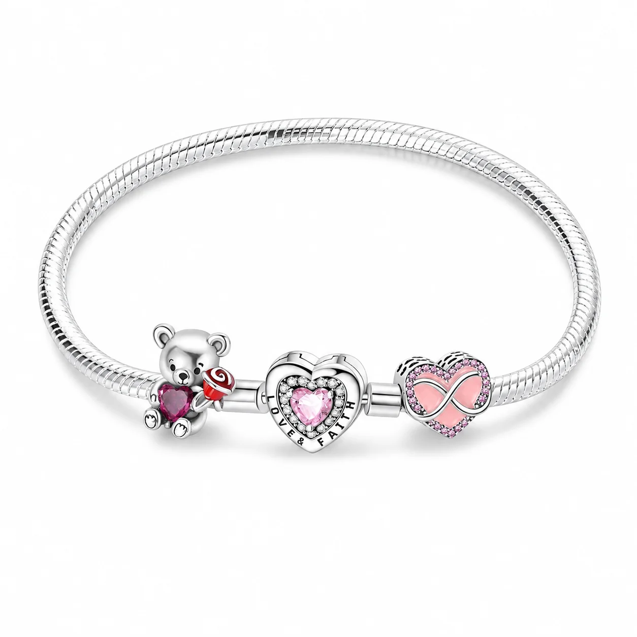 925 Sterling Silver Snake Chain Bracelet with Teddy Bear Infinity Heart Charm Beads Women Love Jewelry Gift
