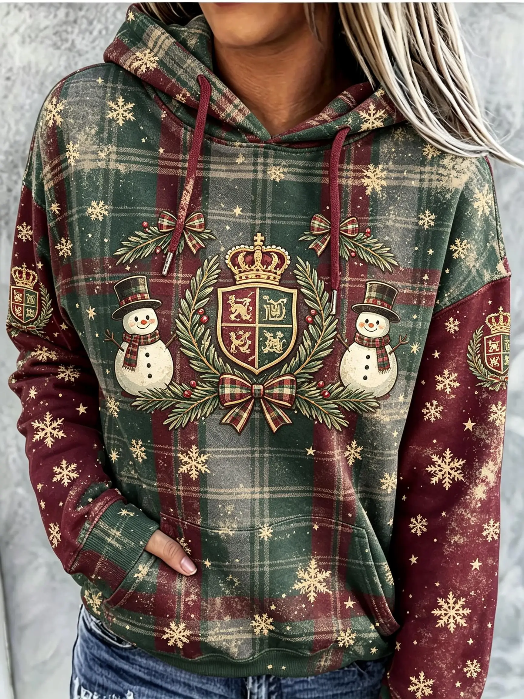 Vintage Tartan Plaid Winter Fox Laurel Crest Full Print Women Fleece Hooded Sweatshirt Long Sleeve Pocket Loose Pullover