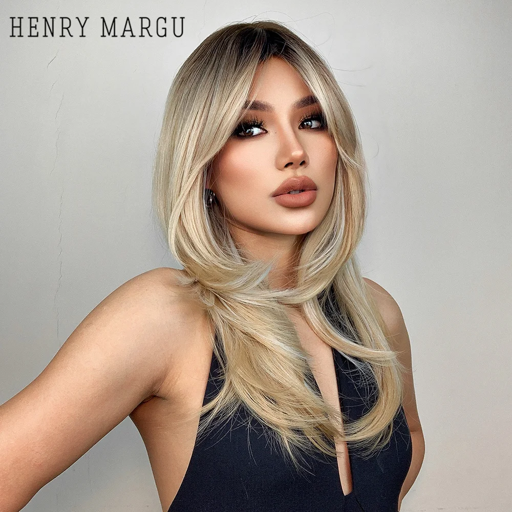 HENRY MARGU Black to Blonde Omber Synthetic Wigs with Bangs Natural Long Layered Wave Wig for Women Party Cosplay Heat Resistant