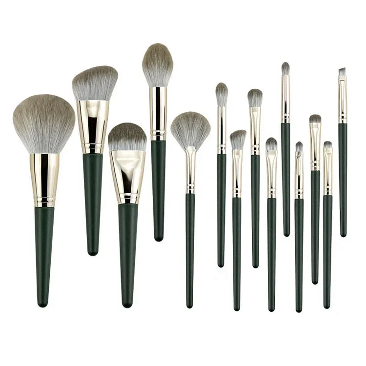 2PCS Handle Foundation Makeup Brush Set 14pcs Green Synthetic Nylon Hair Makeup Brush With PU Bag