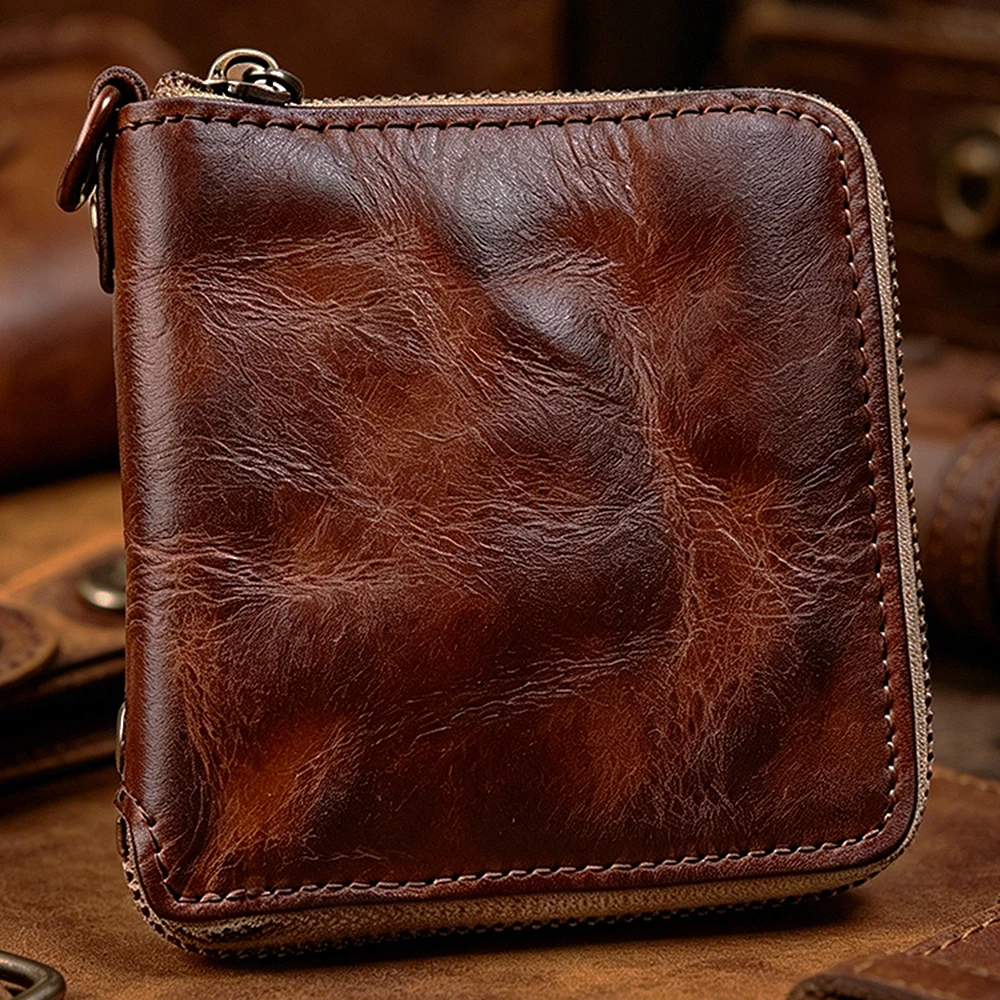 

High Quality Handmade Men Leather Wallet Retro Genuine Cow Leather Short Male Pueses Large Capacity Zipper Coin Pocket