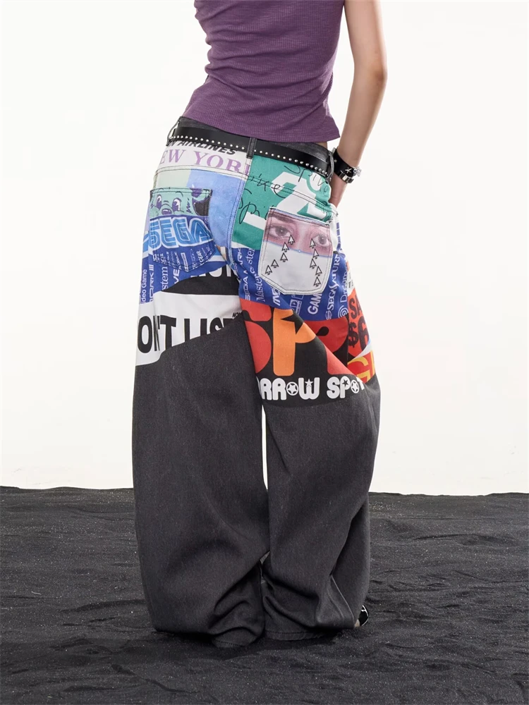Women's Fashion Print Black Jeans Unisex Street Sweatpants Y2k Retro Girls Casual Wide Leg Bottoms Female High Waist Trousers
