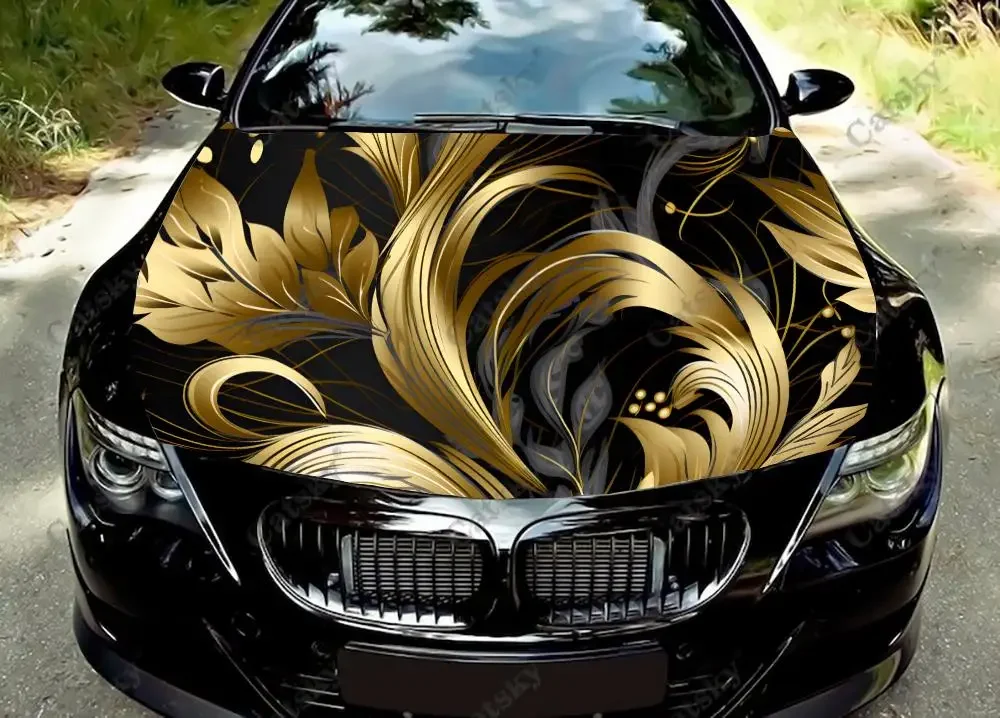 Golden Antique Floral Pattern Car Hood Vinyl Stickers Wrap Vinyl Film Engine Cover Decals Sticker on Car Auto Accessories