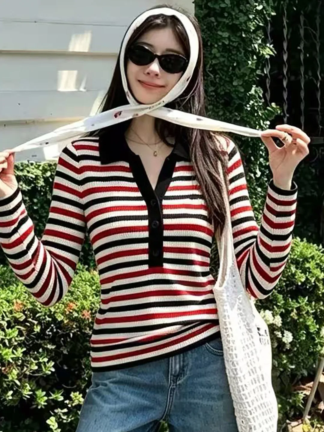 Autumn Women's Striped Polo Neck Long Sleeve Knitted Top Slim Fit Slimming Versatile Pullover Shirt