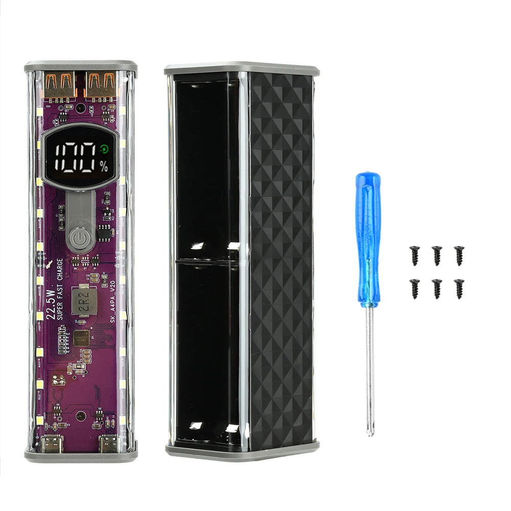

PD 22.5W Fast Charging 8*18650 Power Bank Case LED Screen Transparent Battery Storage Box USB+Type-C Port For Smart Phone
