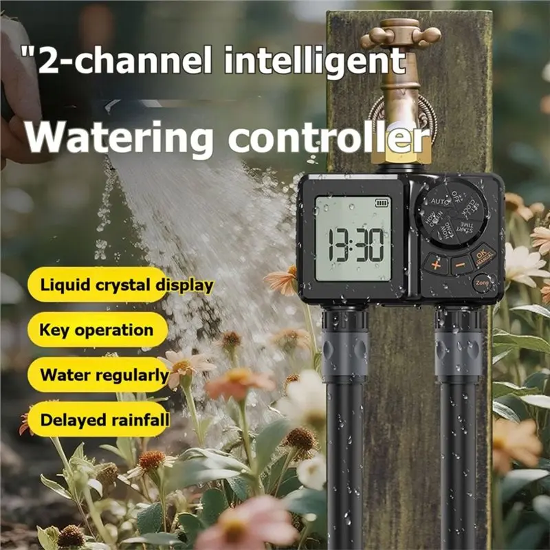 ABMI-IPX6 Waterproof 2-Outlet Sprinkler Timer 2 Zone LCD Display Manual/Automatic Controller Sprinkler Timer,
