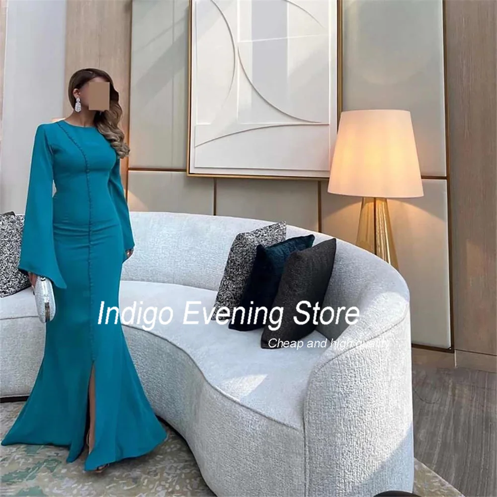 Indigo Prom Dress Mermaid Long Sleeve Formal O-Neck Split Button Simple Occasion Party Evening Gown فساتين السهرة Customized