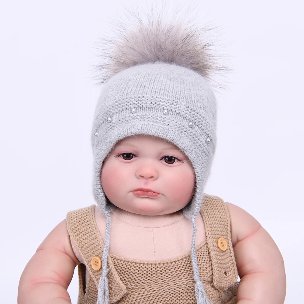 Baby Boys Girls Skull Cap Pearls Cute Children Kids Warm Earflap Hats Fluffy Pom Pom Warm Outdoor Winter Beanie Knitted Cute