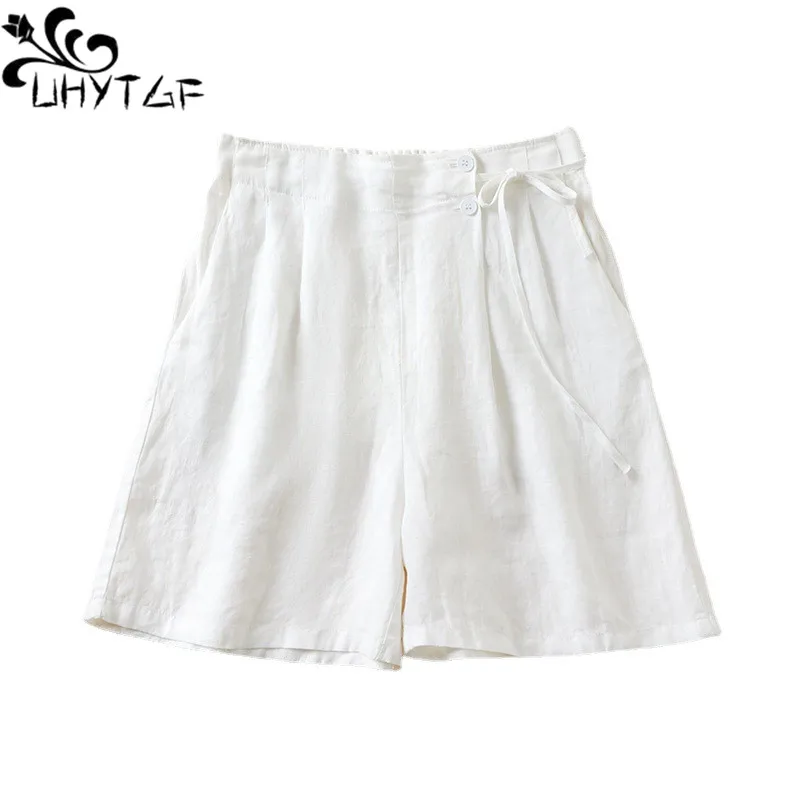 

UHYTGF Casual Summer Shorts Women Vintage Cotton And Linen Thin Wide-Leg Pants Female Elastic High Waist Loose Beach Shorts 2187