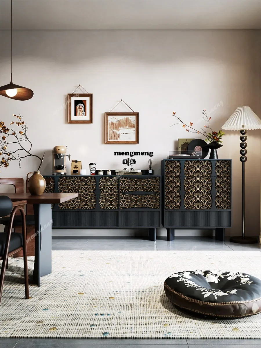 

Hot sales Medieval geometric pattern household living room chest cabinet solid wood locker removable storage cabinet black