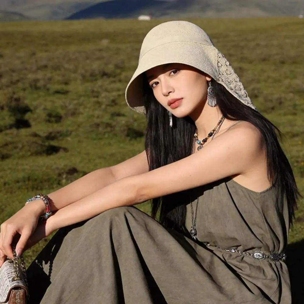 

Versatile Breathable Shawl Sun Hat Polyester Hollow Out Beach Hat Wide Brim Foldable Weaving Fisherman Hat Outdoor Travel