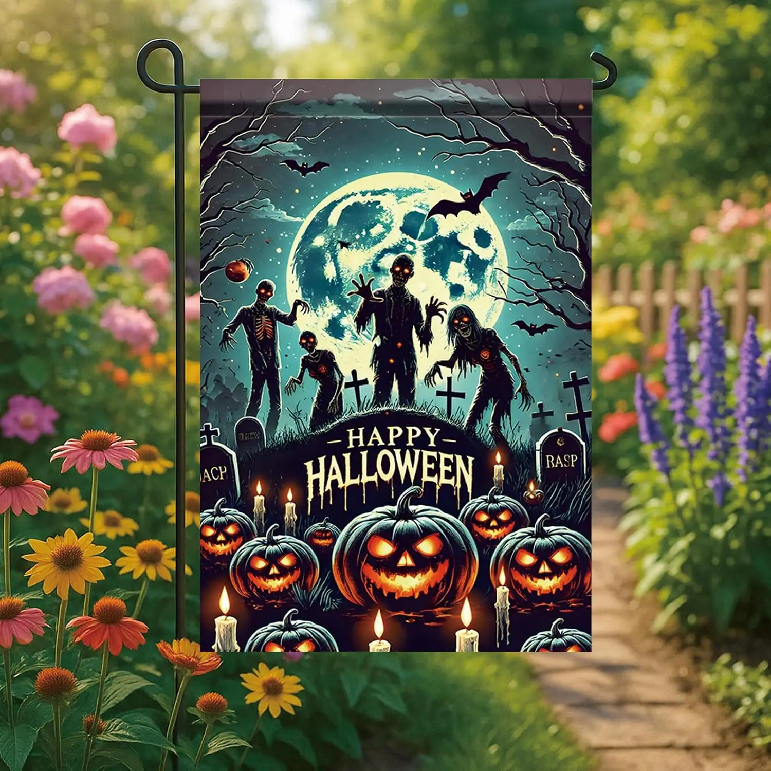 Halloween Garden Flag Happy Halloween Zombies Moon Pumpkin 12x18 Inch Double Sided Outdoor Yard Banner for Trick or Treat Ha uui