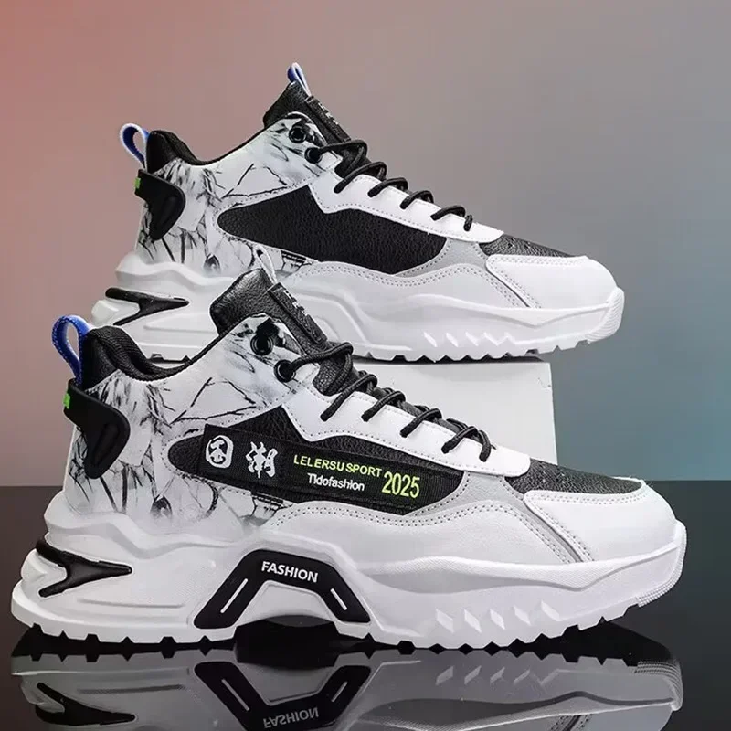 White Sports Anti Slip Comfort Male Students Trendy Running Thick Soled Lace Up Casual Shoes Men Sneakers Fashion 2025 New
