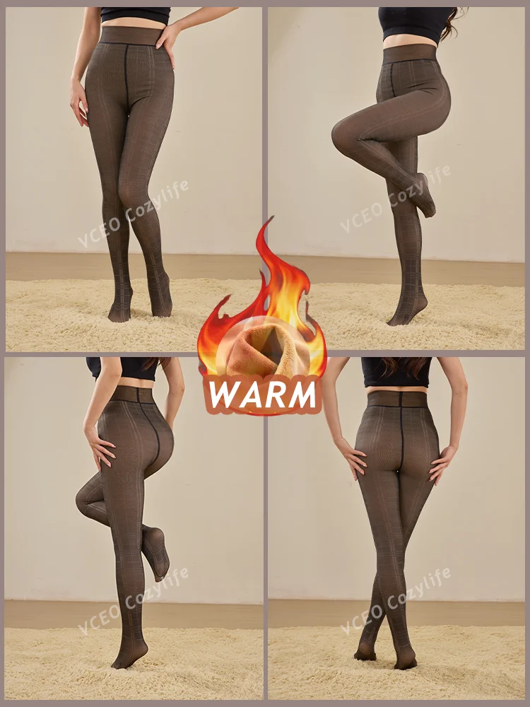 2025 New Plaid Pattern Fleece-Lined Thermal Leggings for Women Slimming Shaping Warm Tights, 5-15°C Fit for Home Office Sports