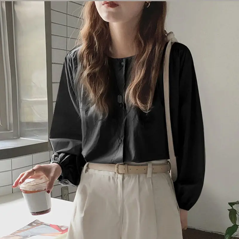 Women\'s Spring and Autumn 2024 New Spliced Round Neck Button Cardigan Fashion Solid Color Versatile Loose Long Sleeved Shirt