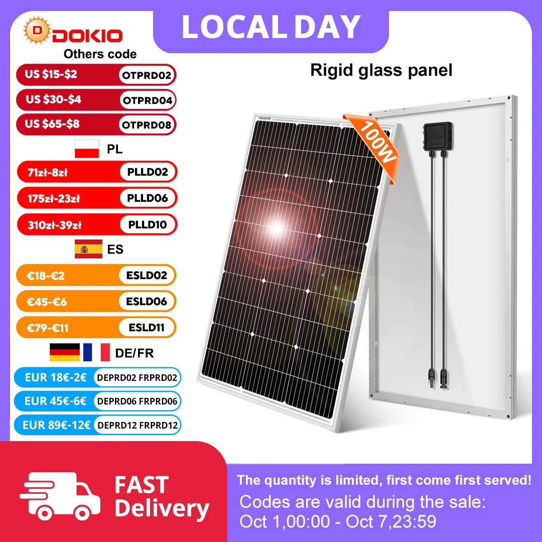 DOKIO Panneau Solaires 18V Panneaux 100WS Pannello solare Pannelli fotovoltaici impermeabili per campeggio/Powerbank/12V Batteria/Campervan
