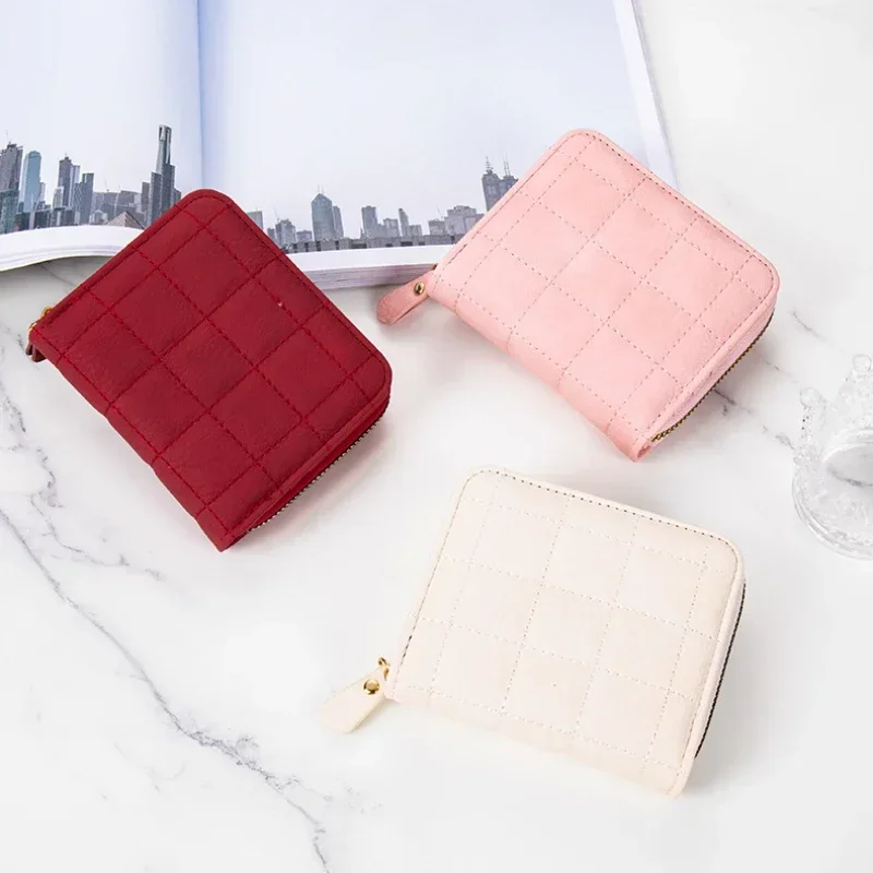 Korean Womens Wallet Short Zipper Solid Color Wallet Purse Multi-card ID Credit Card Badge Holder Mini Clutch Purse