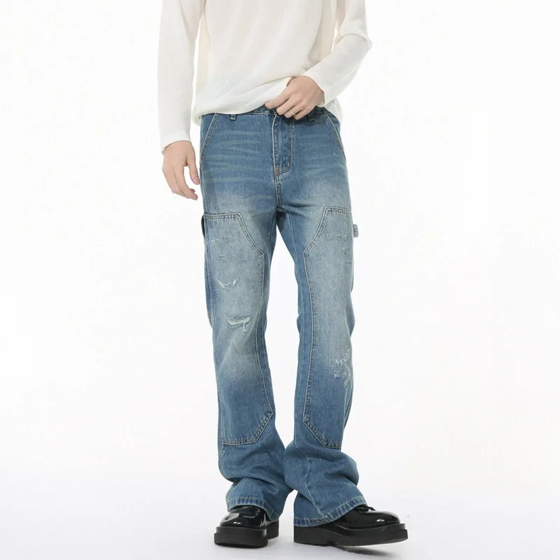

Korean Style Men's Denim Trousers Menswear Patchwork Worn-out Mill White Straight Wide Leg Male Jeans 2025 Spring