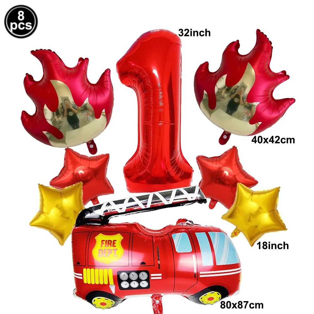 8pcs Fire Truck 32inch Number Foil Balloons 0-9 Digit Flame Star Balloon Kit Fire Engine Themed Birthday Party Decor Supplies